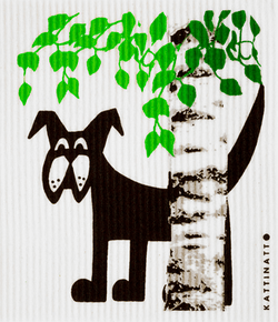 Dog behind birch tree Medium